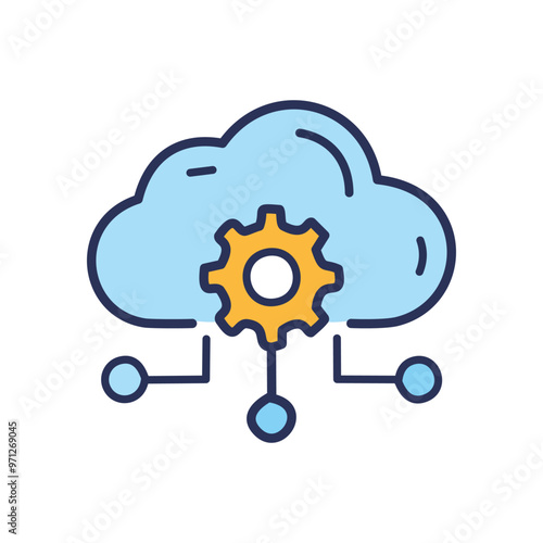 Cloud service setup. Cloud computing, data storage, network, and gear configuration.