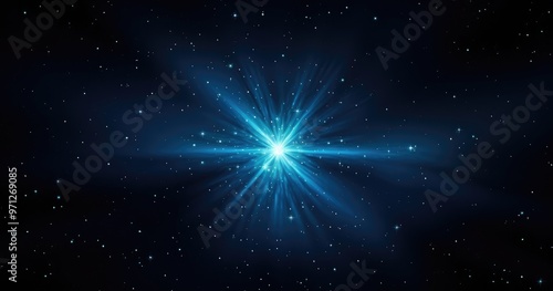 A vibrant depiction of a cosmic explosion, showcasing a bright blue light radiating through a star-filled background.