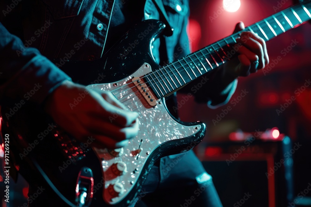 Obraz premium Man playing electric guitar in night club. Music festival and concert concept. Guitarist playing an electric guitar in a recording studio, music concept. with generative ai