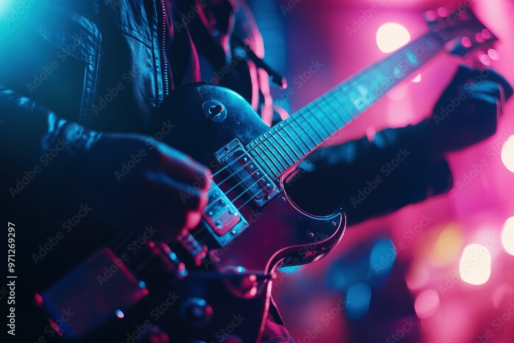 Obraz premium Man playing electric guitar in night club. Music festival and concert concept. Guitarist playing an electric guitar in a recording studio, music concept. with generative ai
