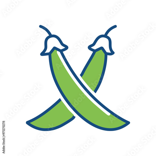 Green peas illustration. Two green peas with their stems crossed, simple illustration, symbolizing growth and new beginnings.