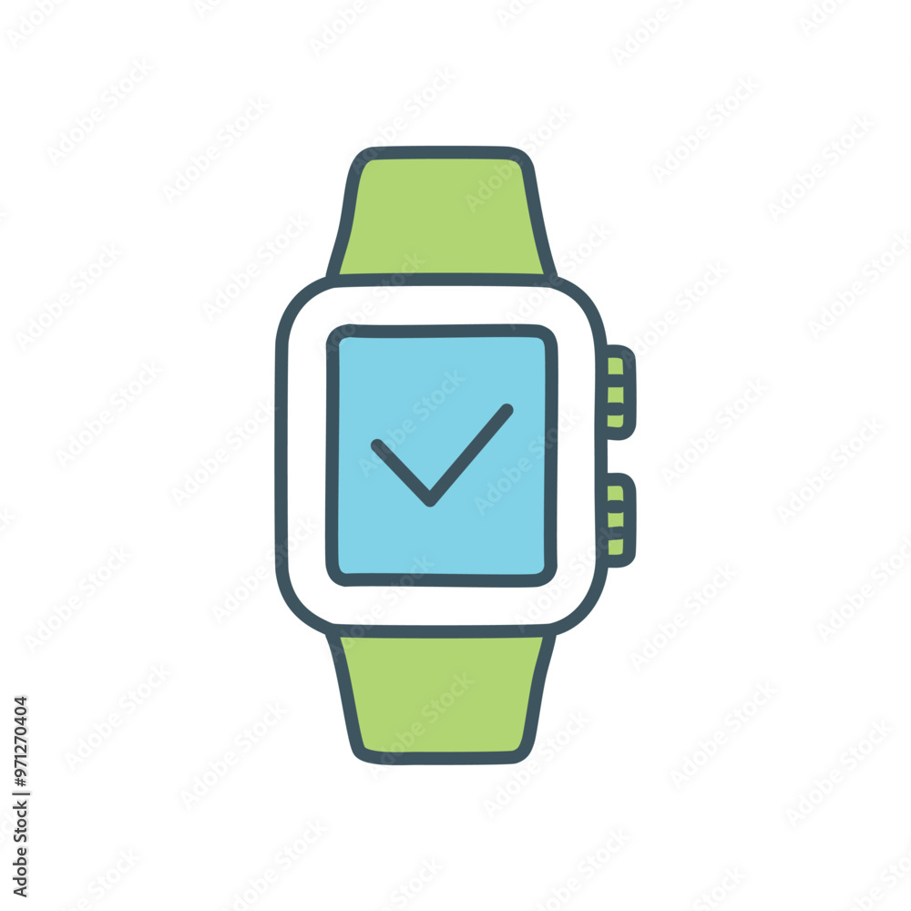 Smartwatch checkmark. Smartwatch with a green strap displaying a checkmark on the screen, symbolizing completion, success, and achievement. Smartwatch checkmark. Smartwatch with a green strap displaying a checkmark on the screen, symbolizing completion, success, and achievement.