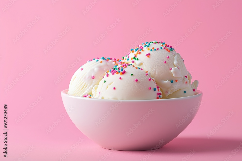 A bowl with vanilla ice cream and colorful sprinkles A bowl with vanilla ice cream and colorful sprinkles