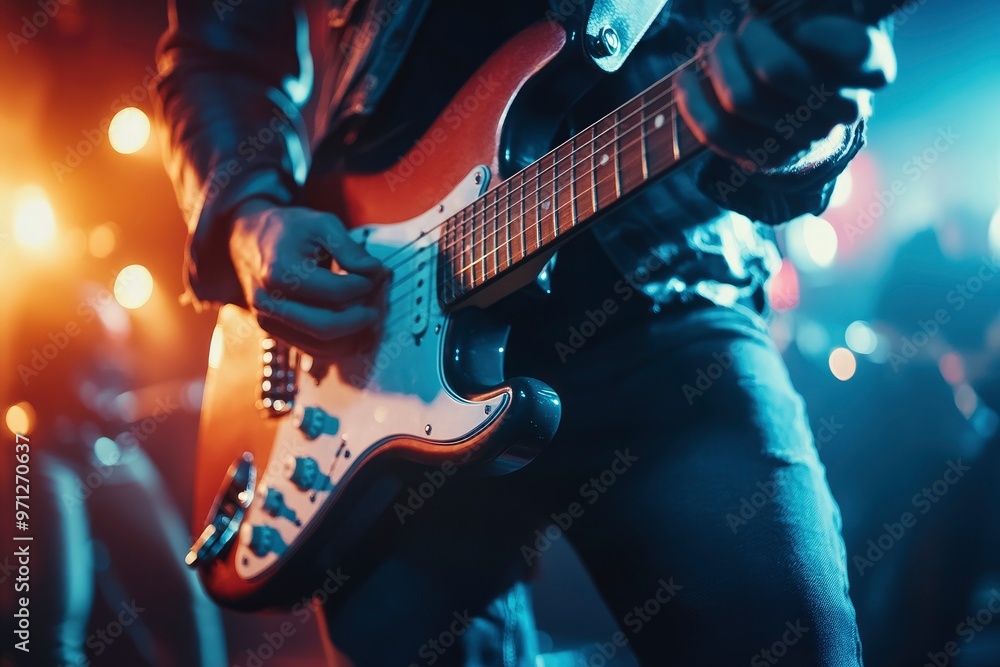 Naklejka premium Man playing electric guitar in night club. Music festival and concert concept. Guitarist playing an electric guitar in a recording studio, music concept. with generative ai