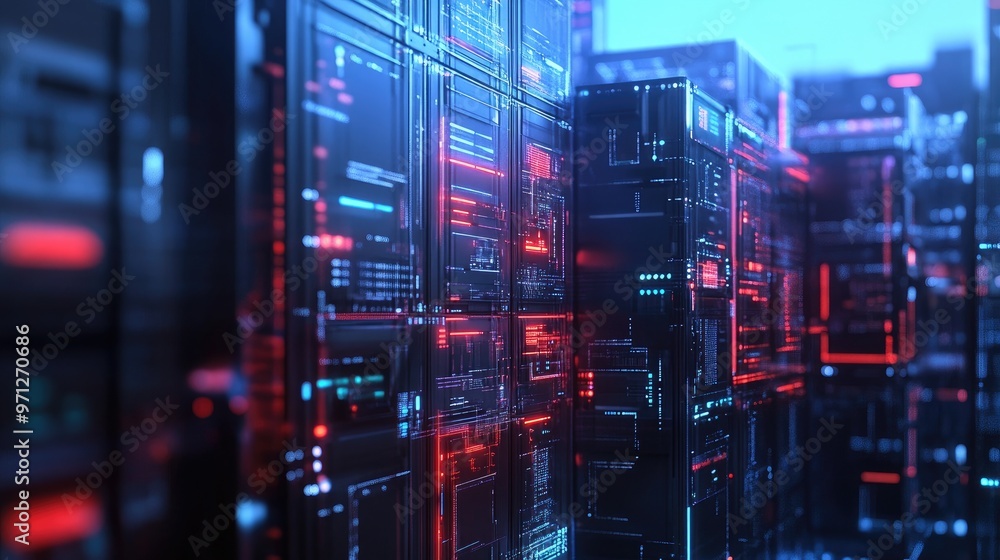 Futuristic cyberpunk city with glowing red and blue neon lights. Futuristic cyberpunk city with glowing red and blue neon lights.