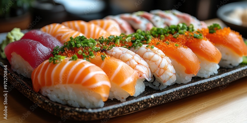 Close-up of a sushi roll showcasing a perfect blend of flavors with fresh, high-quality ingredients Close-up of a sushi roll showcasing a perfect blend of flavors with fresh, high-quality ingredients