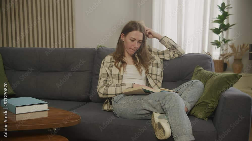 Young Caucasian Woman Reads Book on Cozy Sofa Young Caucasian Woman Reads Book on Cozy Sofa