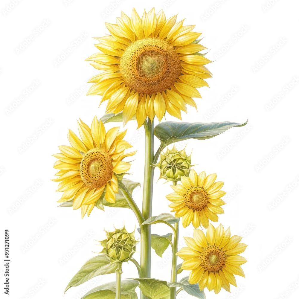 Obraz premium A vibrant illustration of sunflowers in various stages of bloom.