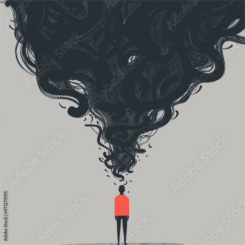 Mental health concept of person struggling with depression. Illustration banner