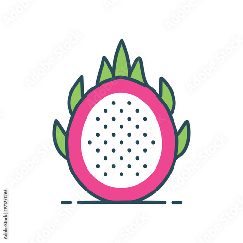 Dragon fruit illustration. Colorful illustration of a dragon fruit with green leaves.  Exotic tropical fruit.