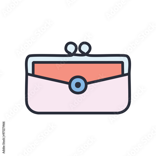 Pink coin purse. Simple cartoon image of a pink coin purse with a blue button.  Suitable for use in a mobile app or online advertisement.