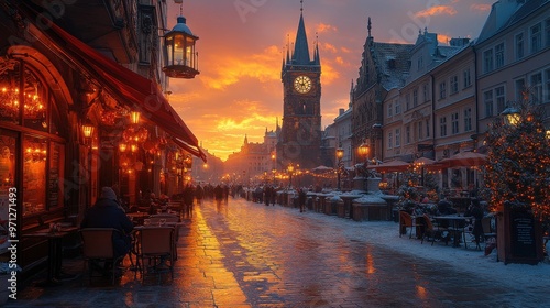 Enchanting sunset over a cobblestone street with historical buildings and glowing lanterns