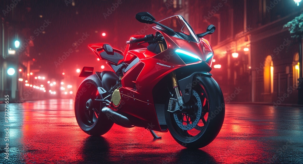 Fototapeta premium Futuristic Red Motorcycle in Neon Light Street
