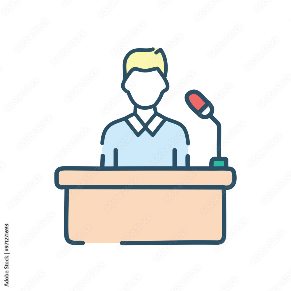 Speaker podium icon. Speaker at a podium, microphone, announcement, talk, conference, meeting. Speaker podium icon. Speaker at a podium, microphone, announcement, talk, conference, meeting.