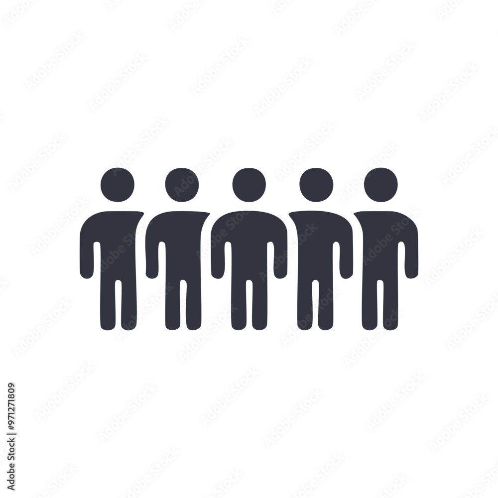 Group of five people icon. Simple black silhouette icon depicting five individuals standing in a line, symbolizing teamwork, community, or togetherness. Group of five people icon. Simple black silhouette icon depicting five individuals standing in a line, symbolizing teamwork, community, or togetherness.