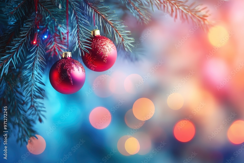 Obraz premium Merry Christmas and Happy New Year. Festive bright beautiful background. Christmas decorations on a spruce branch with colorful bokeh background with generative ai