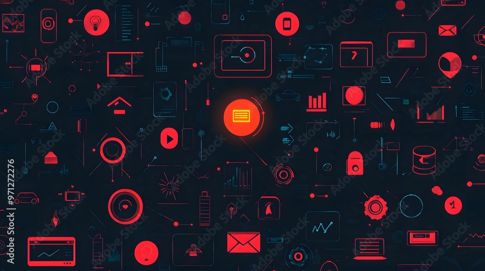 Minimalist icons for technology arranged in perfect symmetry on a dark background Minimalist icons for technology arranged in perfect symmetry on a dark background