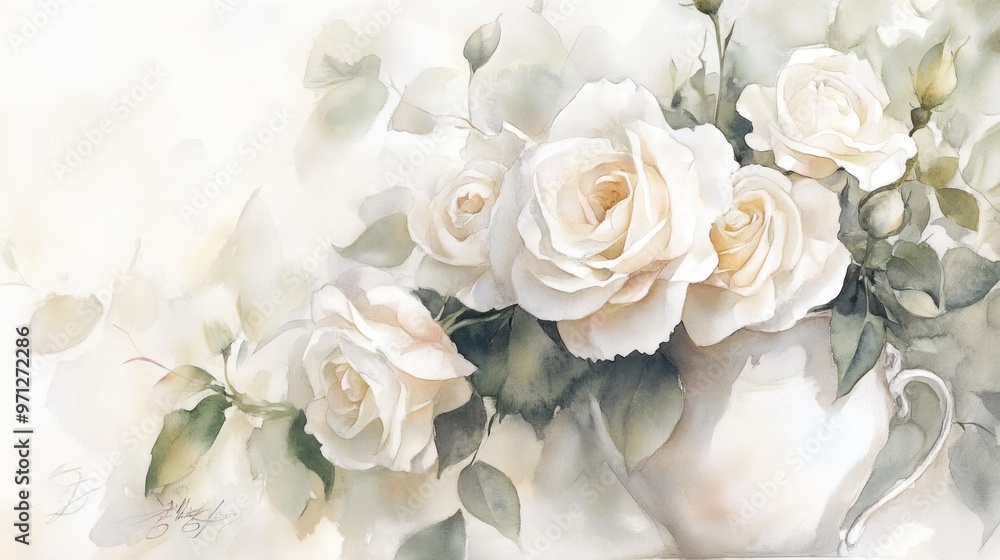 A soft watercolor painting of white roses in a vase, evoking tranquility and beauty. A soft watercolor painting of white roses in a vase, evoking tranquility and beauty.