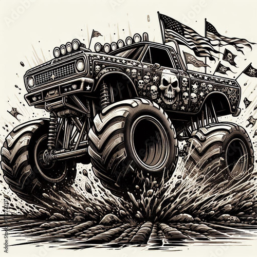 Bold black and white monster truck with intricate skull details