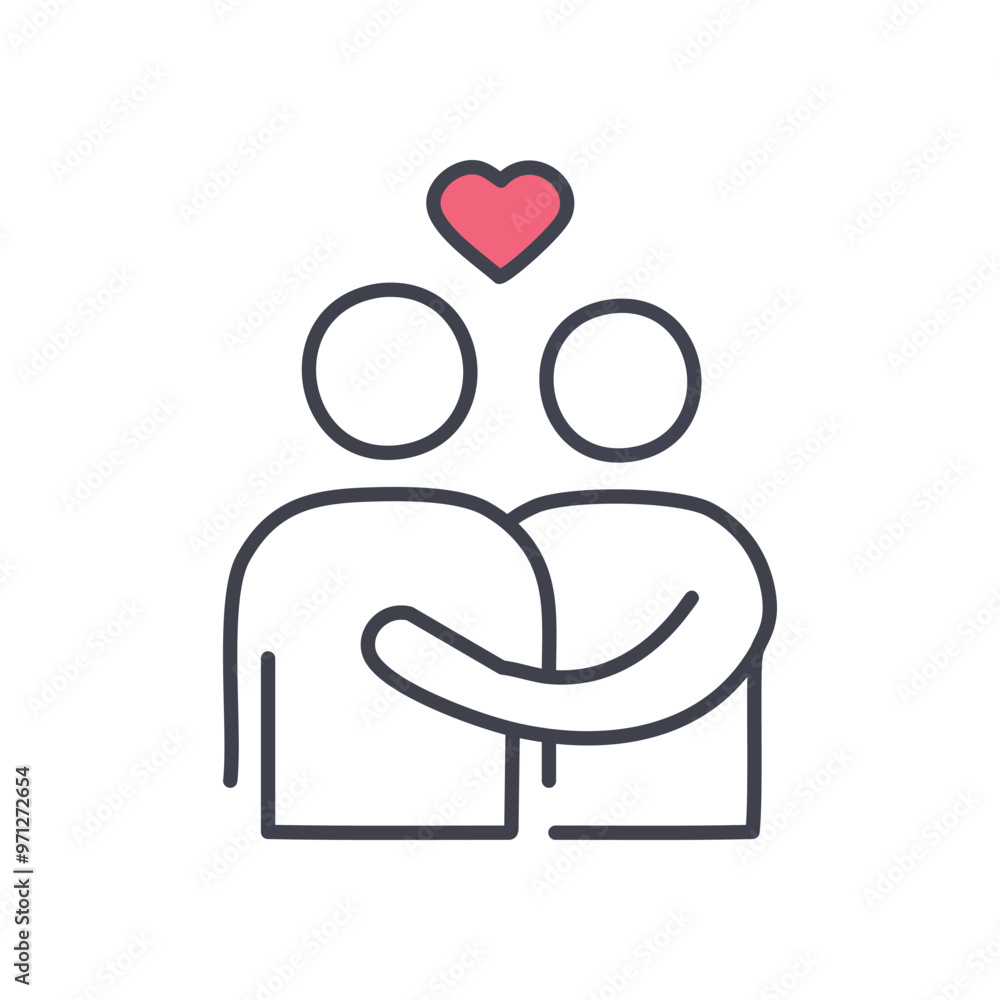 Love & friendship icon. Two people embracing, a heart above symbolizing love and friendship. Perfect for representing care, support, and togetherness. Love & friendship icon. Two people embracing, a heart above symbolizing love and friendship. Perfect for representing care, support, and togetherness.