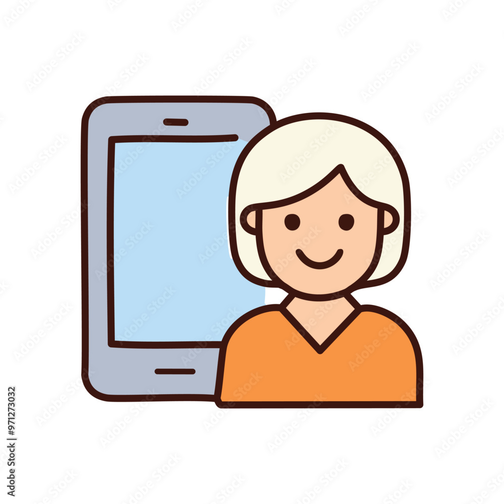 Woman phone screen. Smiling woman character with a phone, representing communication and technology. Woman phone screen. Smiling woman character with a phone, representing communication and technology.