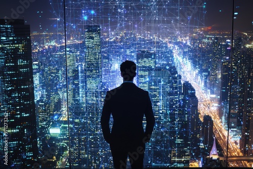 Technological Urban Visions A businessman overlooks a nighttime cityscape infused with digital networks, envisioning the integration of technology in urban and business growth. photo