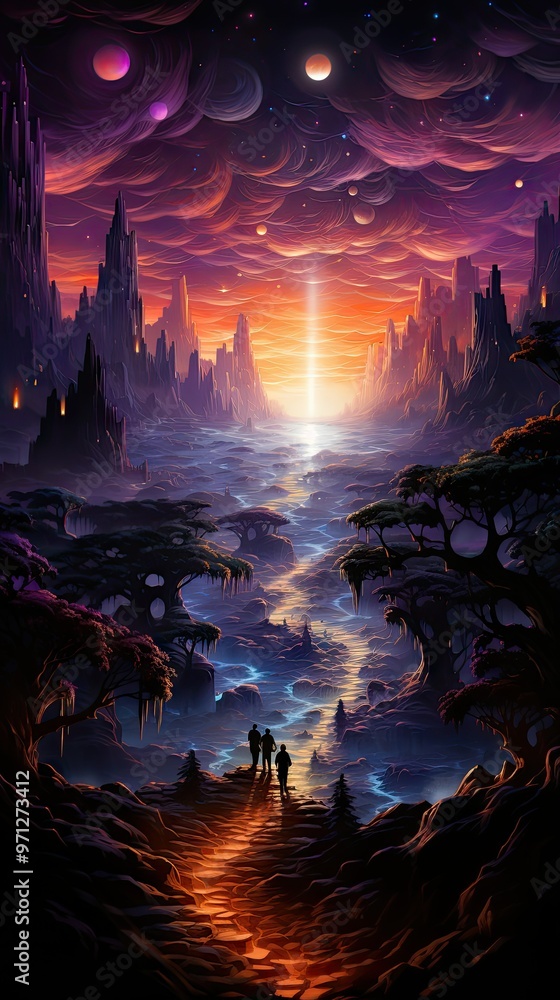 3 figures walk towards a glow