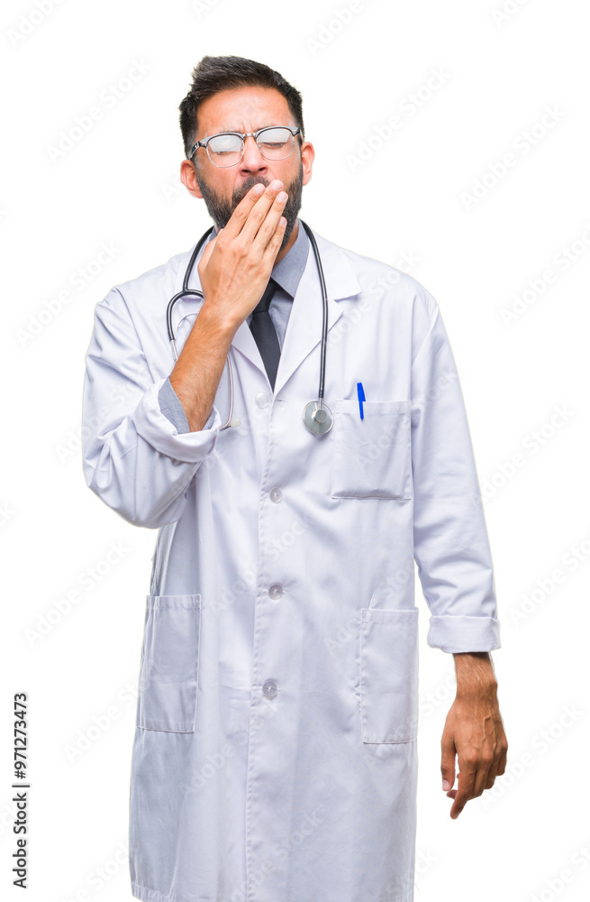 Adult hispanic doctor man over isolated background bored yawning tired covering mouth with hand. Restless and sleepiness. Adult hispanic doctor man over isolated background bored yawning tired covering mouth with hand. Restless and sleepiness.