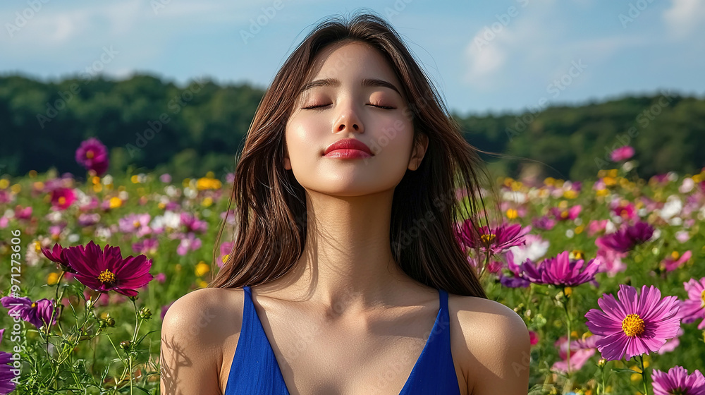 beautiful Asian woman in blue dress with a calm face, standing in a vast flower field, swaying in the wind, under the warm sunlight. beautiful Asian woman in blue dress with a calm face, standing in a vast flower field, swaying in the wind, under the warm sunlight.