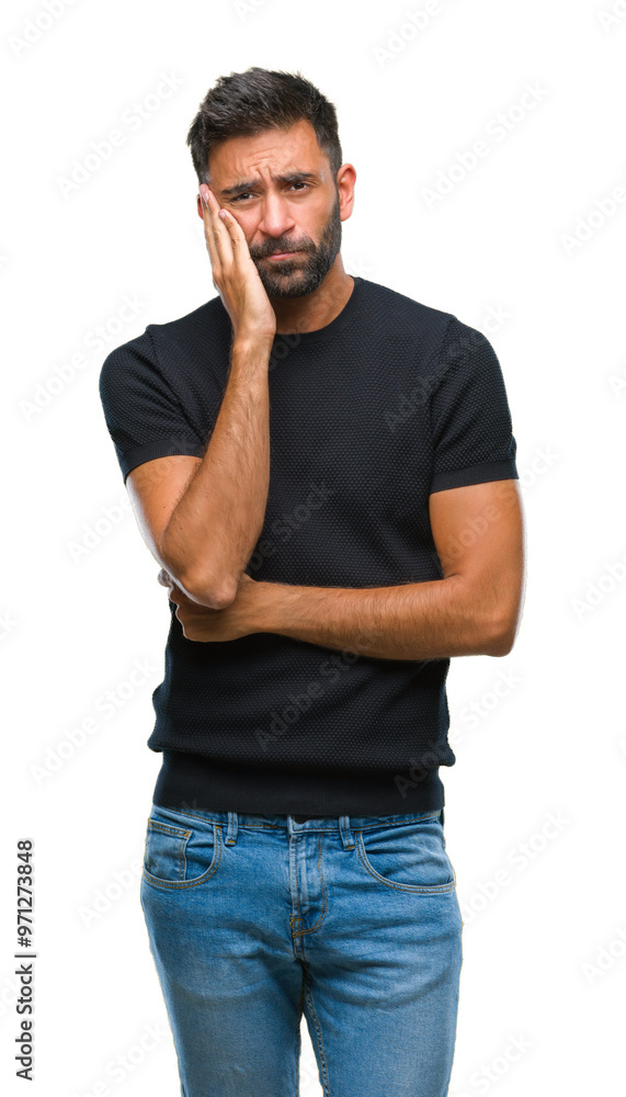 Fototapeta premium Adult hispanic man over isolated background thinking looking tired and bored with depression problems with crossed arms.
