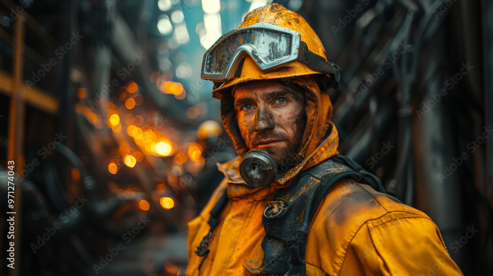 Obraz premium Worker uniform industrial factory, makes survey, checking equipment against background