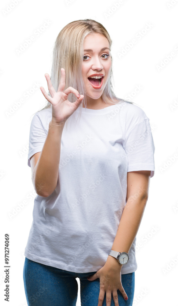 Young blonde woman over isolated background smiling positive doing ok sign with hand and fingers. Successful expression. Young blonde woman over isolated background smiling positive doing ok sign with hand and fingers. Successful expression.