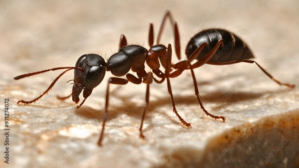 Small ant walking across a plain marble surface with a gentle shadow
Small ant walking across a plain marble surface with a gentle shadow