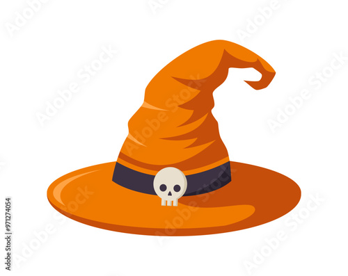 Orange witch hat with a skull, isolated on white background. Flat vector illustration