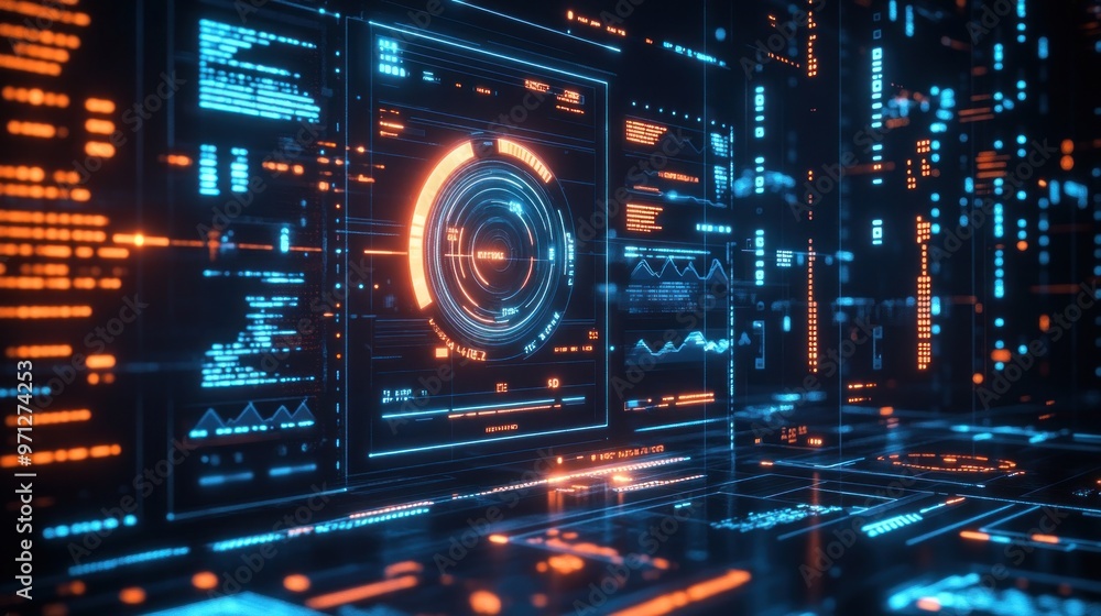 Futuristic Digital Interface with Glowing Lines and Data Futuristic Digital Interface with Glowing Lines and Data