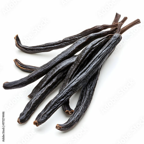 Vanilla pods, green leaves and flowers isolated on white