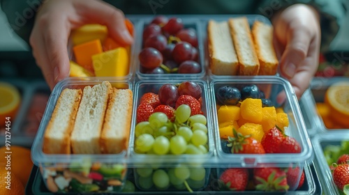 A colorful lunch box with sandwiches, fresh fruits, and berries. photo