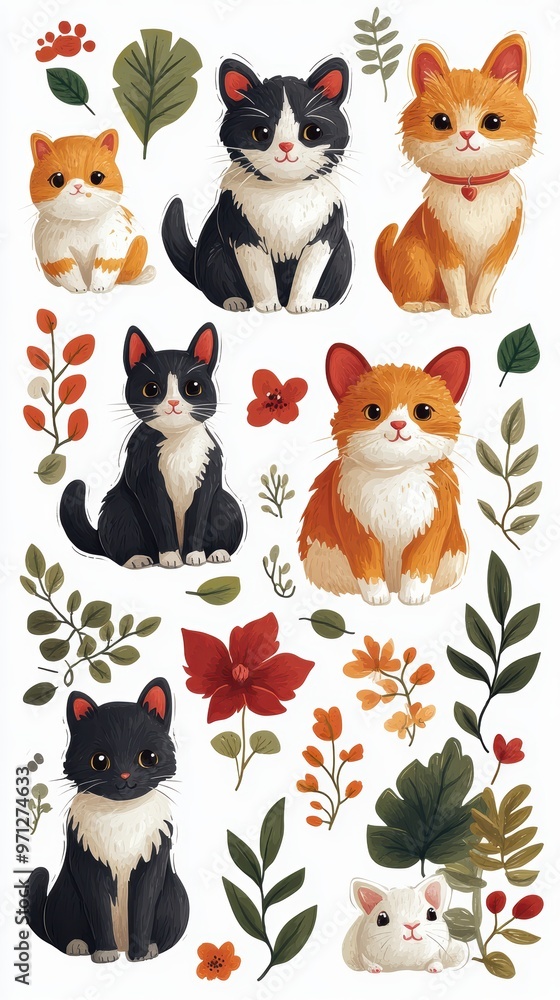 Cute Cats and Flowers Illustration Cute Cats and Flowers Illustration