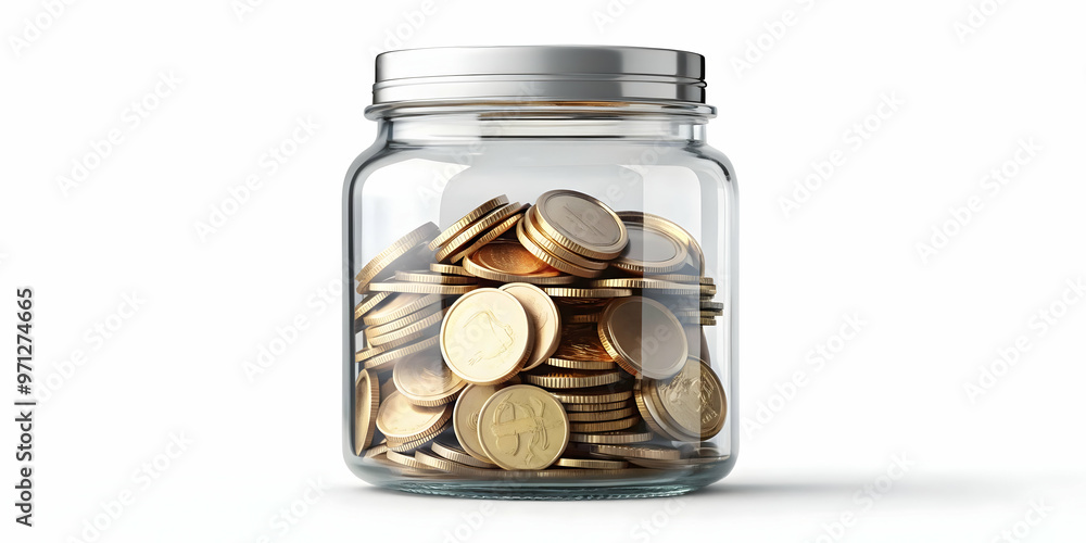 3D Transparent Coin Jar with Savings Label - Minimalist Vector Illustration of Money Savings Concept Isolated on White Background 3D Transparent Coin Jar with Savings Label - Minimalist Vector Illustration of Money Savings Concept Isolated on White Background