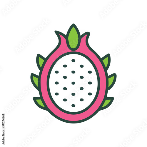 Dragon fruit slice. A simple, colorful icon of a sliced dragon fruit, perfect for representing tropical flavors, exotic fruits, and healthy eating.
