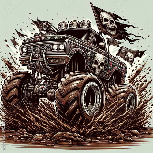 Bold black and white monster truck with intricate skull details