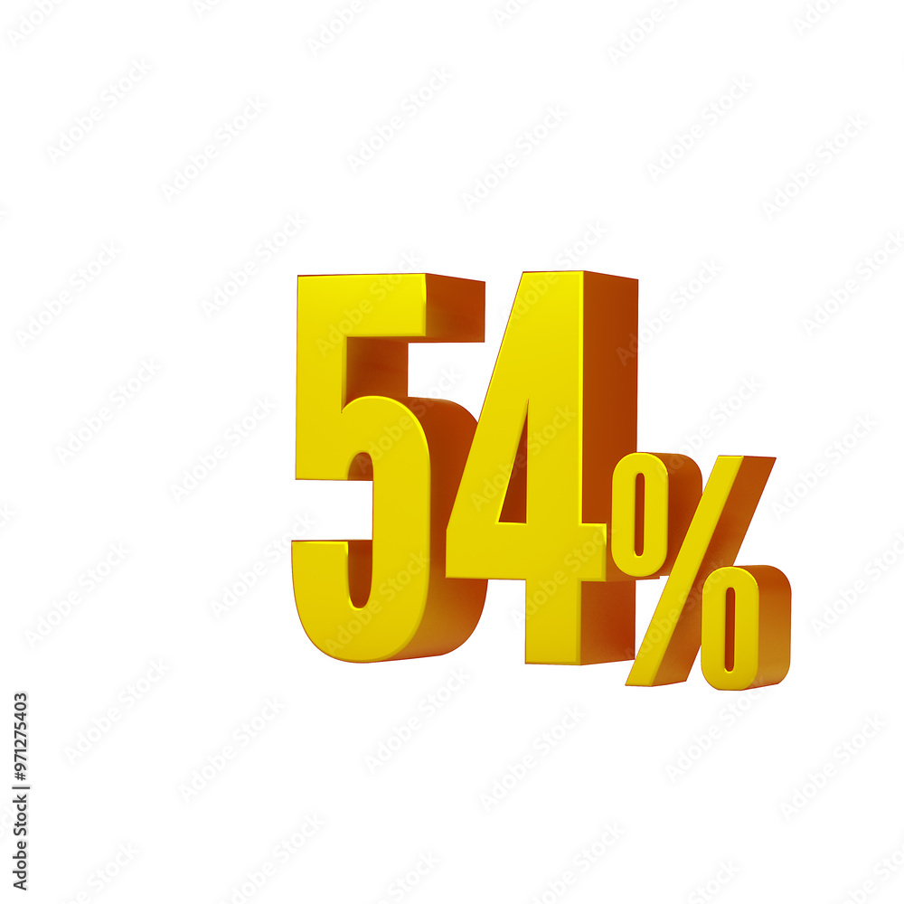 3d illustration of golden number 54 percent or 54% isolated on white background. 3d render. 3d illustration of golden number 54 percent or 54% isolated on white background. 3d render.