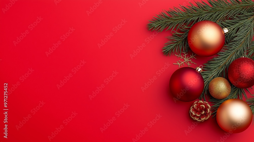 A red background with a bunch of red and gold Christmas ornaments. The red background is the main focus of the image, while the ornaments are scattered around it. Scene is festive and joyful A red background with a bunch of red and gold Christmas ornaments. The red background is the main focus of the image, while the ornaments are scattered around it. Scene is festive and joyful