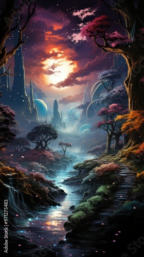 A fantasy landscape with a river