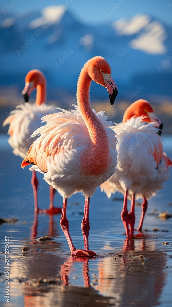 Pink flamingos wade in shallow water. Pink flamingos wade in shallow water.