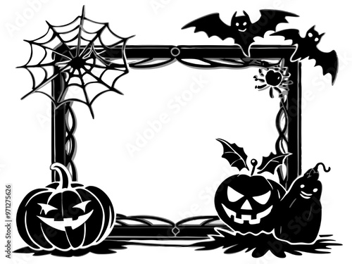 Spooky Halloween Frame: Embracing the eerie charm of Halloween, this black and white frame features a spooky ensemble of pumpkins, bats, and spiderwebs, perfect for adding a touch of eerie elegance to