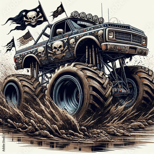 Bold black and white monster truck with intricate skull details