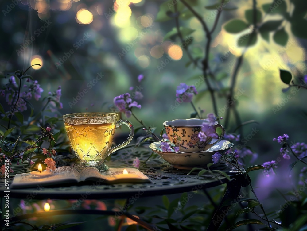 A serene tea setting in a whimsical garden with purple flowers, a book, and soft lighting. A serene tea setting in a whimsical garden with purple flowers, a book, and soft lighting.