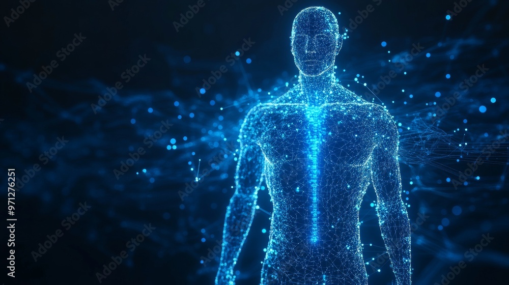 Digital Representation of a Human Figure Surrounded by Glowing Data Particles in a Dark Environment Digital Representation of a Human Figure Surrounded by Glowing Data Particles in a Dark Environment