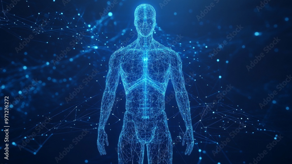 Digital Representation of a Human Figure Surrounded by Glowing Data Particles in a Dark Environment Digital Representation of a Human Figure Surrounded by Glowing Data Particles in a Dark Environment